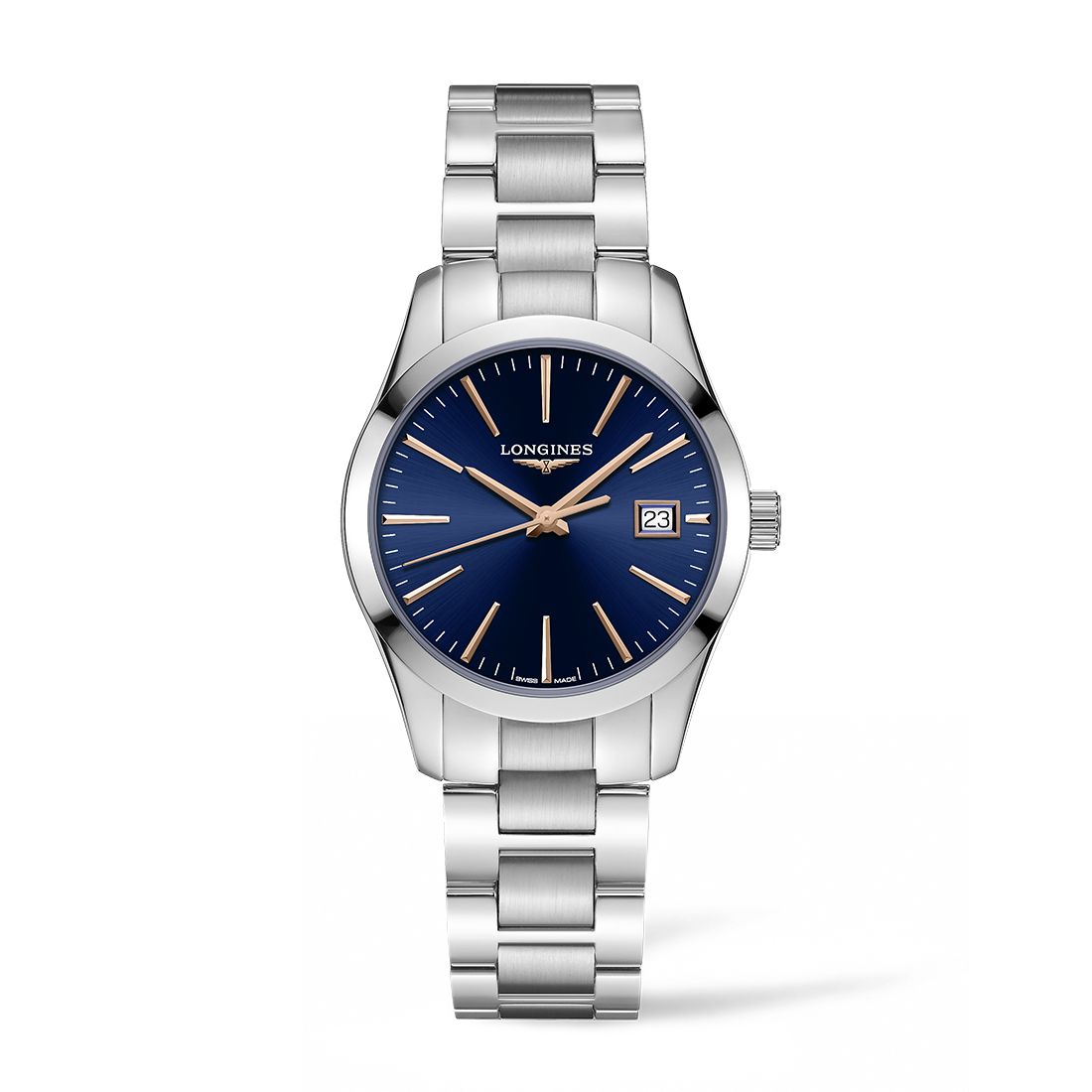 Dit dameshorloge hoort bij de Longines Conquest Classic serie. Deze lijn draait om elegante dames- en herenhorloge met een sportieve look en een luxe uitstraling. Dit model is uitgevoerd met een prachtige blauwe wijzerplaat en rosékleurige index. Het horloge heeft een edelstalen kast (diameter 34mm) en een stalen horlogeband. De voorkant is voorzien van een anti reflecterend saffierglas